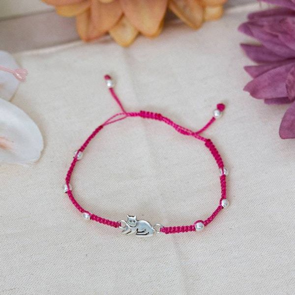 Alternate image for Taxco Silver Macrame Station Pendant Bracelet with Cat Motif Enchanting Feline