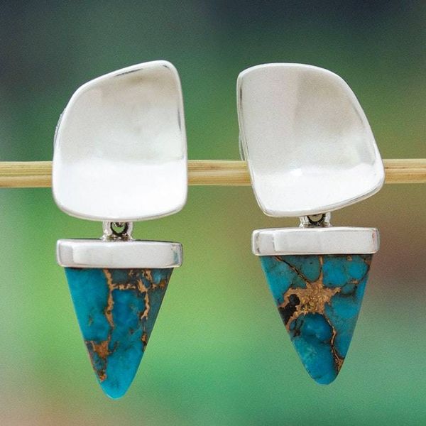 Alternate image for Reconstituted Turquoise Taxco Silver Arrowhead Earrings Modern Arrowhead