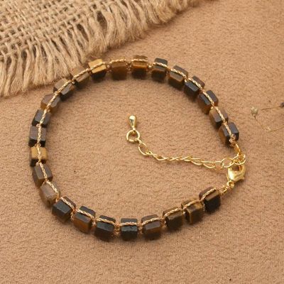 Primary image for Gold-Accented Link Bracelet with Knotted Tigers Eye Beads Classic Chocolate