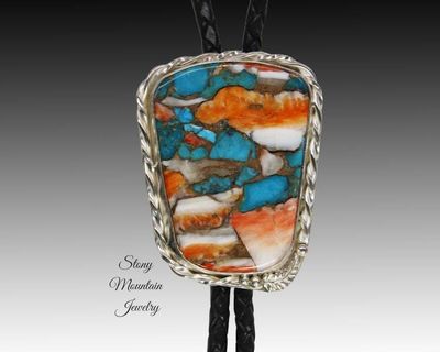 Alternate image for Turquoise Bolo Tie, Custom Handcrafted Wedding Bolo Tie, Kingman Turquoise & Spiny Oyster Stone Bolo Tie for Men or Women, Western Gift