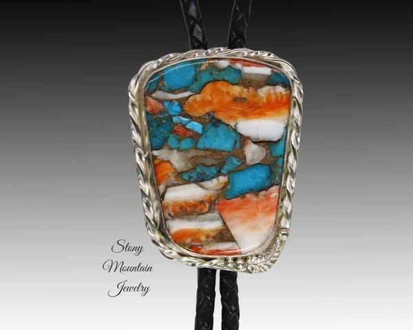 Alternate image for Turquoise Bolo Tie, Custom Handcrafted Wedding Bolo Tie, Kingman Turquoise & Spiny Oyster Stone Bolo Tie for Men or Women, Western Gift