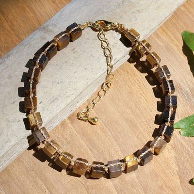 Alternate image for Gold-Accented Link Bracelet with Knotted Tigers Eye Beads Classic Chocolate