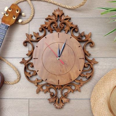 Alternate image for Hand-Carved Suar Wood Wall Clock from Bali Graceful Vine