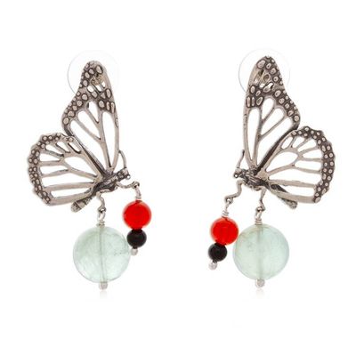 Alternate image for Butterfly-Themed Multi-Gemstone Silver Statement Earrings Sublime Monarch Butterfly