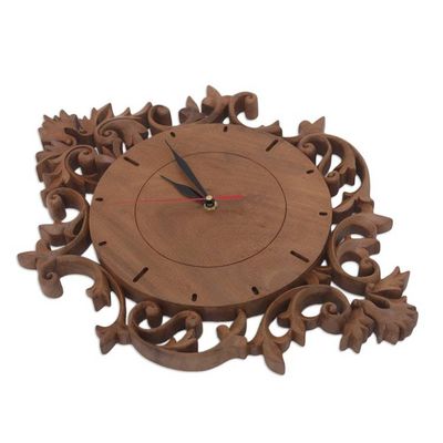 Alternate image for Hand-Carved Suar Wood Wall Clock from Bali Graceful Vine