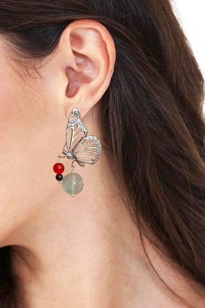 Alternate image for Butterfly-Themed Multi-Gemstone Silver Statement Earrings Sublime Monarch Butterfly