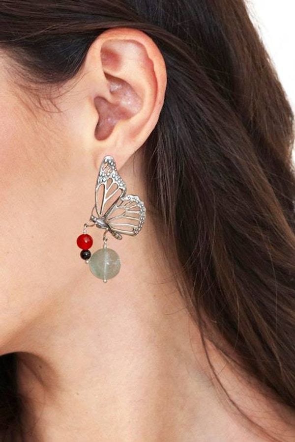 Alternate image for Butterfly-Themed Multi-Gemstone Silver Statement Earrings Sublime Monarch Butterfly