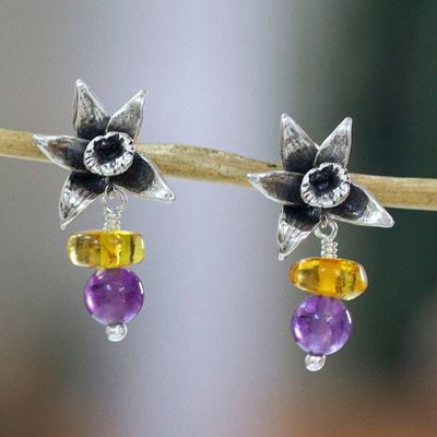 Primary image for Amethyst Amber and Silver Drop Earrings with Orchid Motif Orchid Glamour