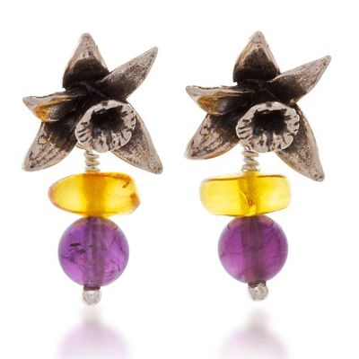 Alternate image for Amethyst Amber and Silver Drop Earrings with Orchid Motif Orchid Glamour
