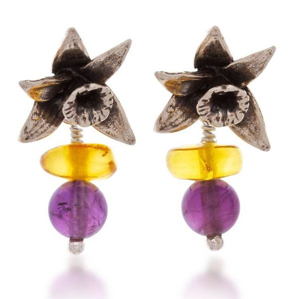 Alternate image for Amethyst Amber and Silver Drop Earrings with Orchid Motif Orchid Glamour