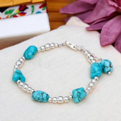 Primary image for Taxco Silver Natural Turquoise Beaded Station Bracelet Exquisite Aqua