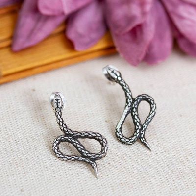 Primary image for Snake-Themed Taxco Silver Drop Earrings with Textured Finish Enigmatic Snake