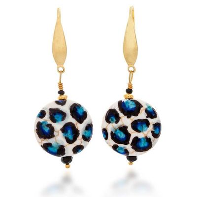 Alternate image for Hand-Painted Blue-Spotted Howlite Steel Dangle Earrings Blue Spot Fantasy
