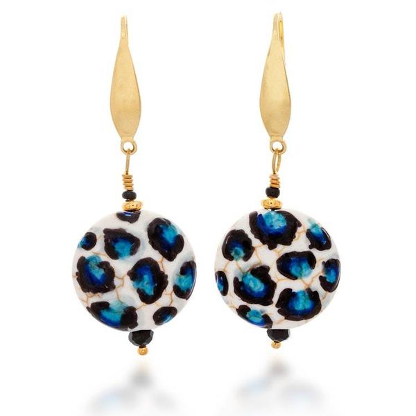 Alternate image for Hand-Painted Blue-Spotted Howlite Steel Dangle Earrings Blue Spot Fantasy