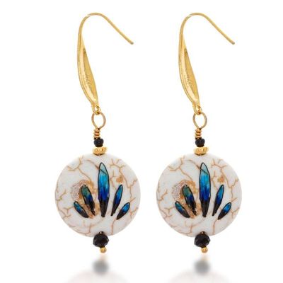 Alternate image for Hand-Painted Blue-Spotted Howlite Steel Dangle Earrings Blue Spot Fantasy