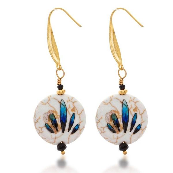 Alternate image for Hand-Painted Blue-Spotted Howlite Steel Dangle Earrings Blue Spot Fantasy