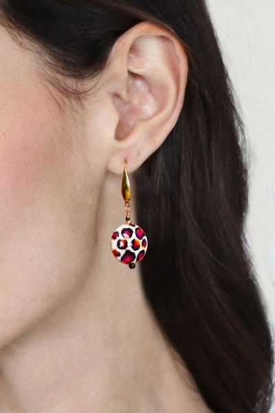 Alternate image for Hand-Painted Red Spot-Themed Howlite Steel Dangle Earrings Red Spot Fantasy