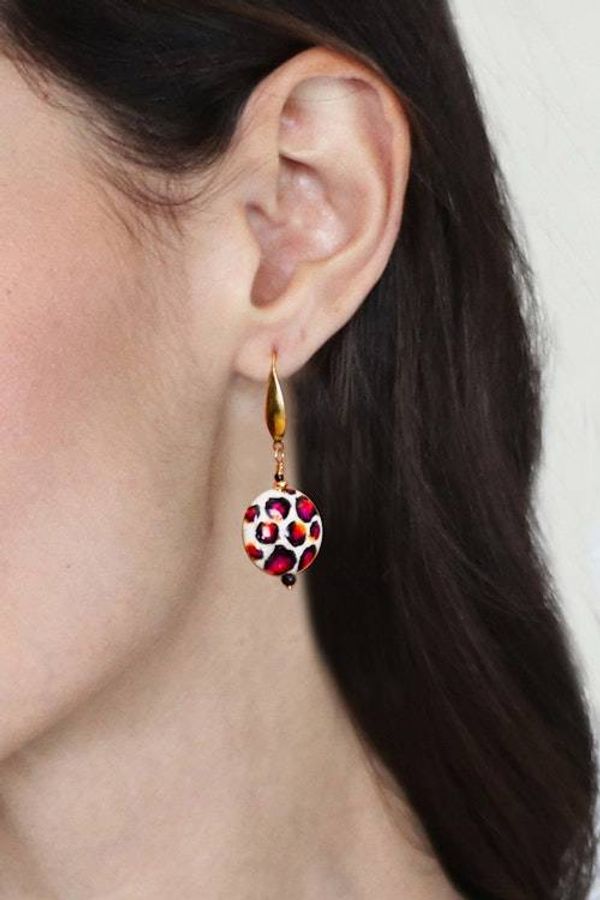Alternate image for Hand-Painted Red Spot-Themed Howlite Steel Dangle Earrings Red Spot Fantasy