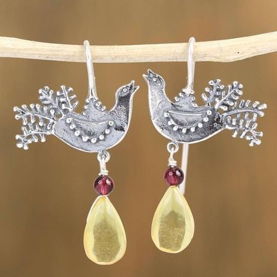 Primary image for Sterling Silver Bird Drop Earrings with Amber and Garnet Bird Glory