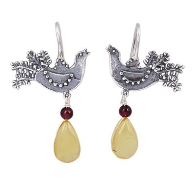 Alternate image for Sterling Silver Bird Drop Earrings with Amber and Garnet Bird Glory
