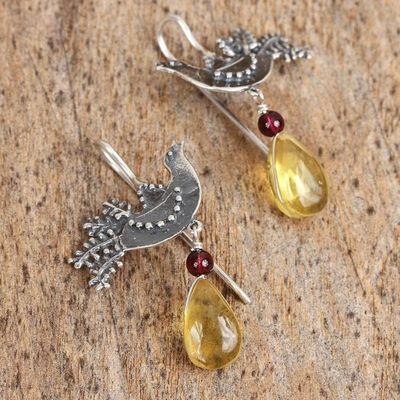 Alternate image for Sterling Silver Bird Drop Earrings with Amber and Garnet Bird Glory