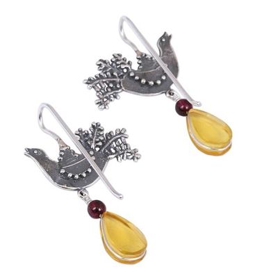 Alternate image for Sterling Silver Bird Drop Earrings with Amber and Garnet Bird Glory