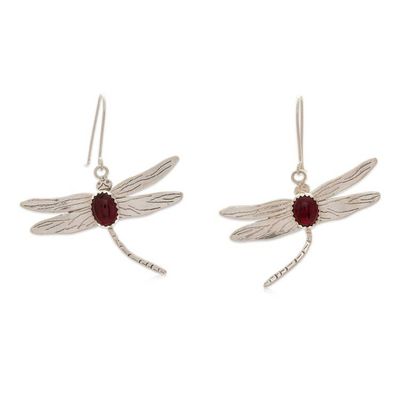 Alternate image for Dragonfly-Themed Silver Dangle Earrings with Garnet Stones Dashing Dragonfly