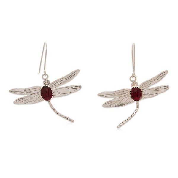 Alternate image for Dragonfly-Themed Silver Dangle Earrings with Garnet Stones Dashing Dragonfly