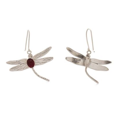 Alternate image for Dragonfly-Themed Silver Dangle Earrings with Garnet Stones Dashing Dragonfly