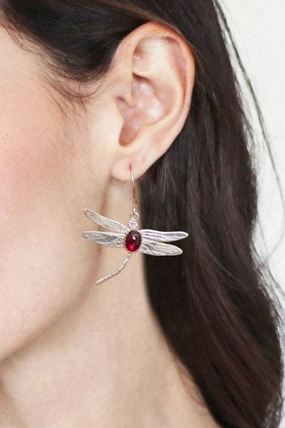 Alternate image for Dragonfly-Themed Silver Dangle Earrings with Garnet Stones Dashing Dragonfly