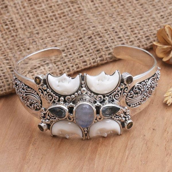 Alternate image for Rainbow Moonstone and Blue Topaz Cuff Bracelet Moon Children