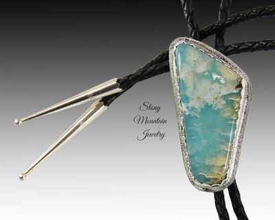 Alternate image for Turquoise Bolo Tie, Unique Turquoise & Feather Ridge Agate Custom Wedding Bolo Tie, Handcrafted Sterling Silver Bolo Tie for Men or Women