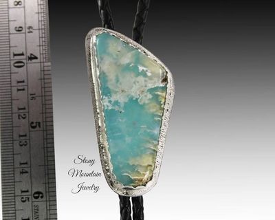 Alternate image for Turquoise Bolo Tie, Unique Turquoise & Feather Ridge Agate Custom Wedding Bolo Tie, Handcrafted Sterling Silver Bolo Tie for Men or Women