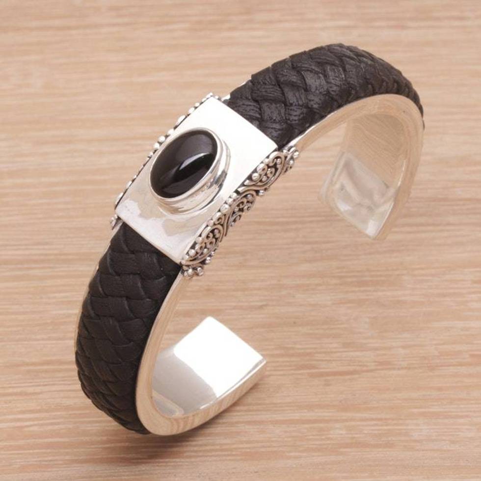 Braided Leather and Onyx Cuff Bracelet 'Remember Me'