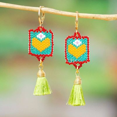 Primary image for Handcrafted Glass Beaded Dangle Earrings with Green Tassels Jovial Hearts