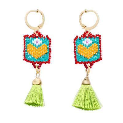 Alternate image for Handcrafted Glass Beaded Dangle Earrings with Green Tassels Jovial Hearts