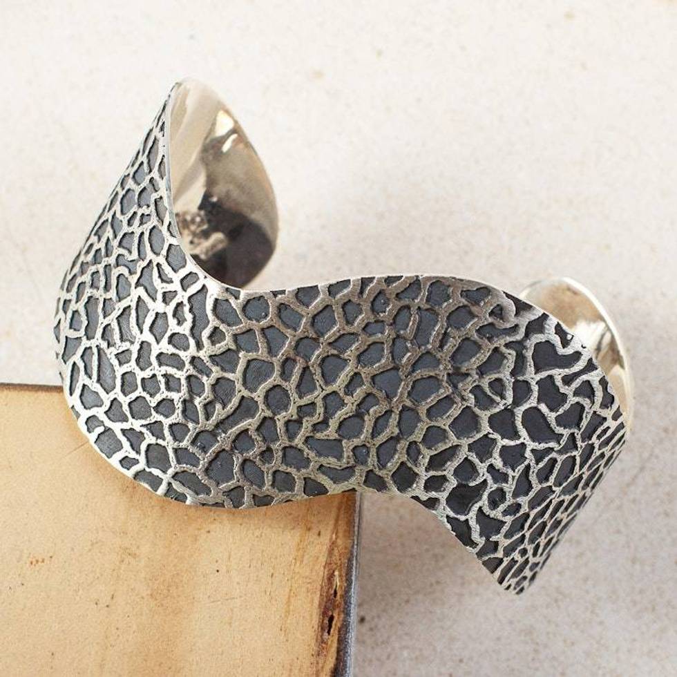 Modern Abstract Motif Sterling Silver Cuff Bracelet 'Sophisticated Savannah'