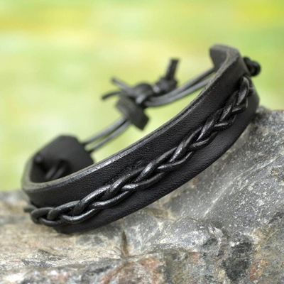 Alternate image for Mens Black Leather Bracelet with Braided Cord Accent Simple Twist in Black