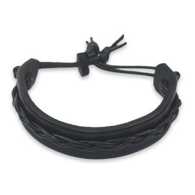 Alternate image for Mens Black Leather Bracelet with Braided Cord Accent Simple Twist in Black