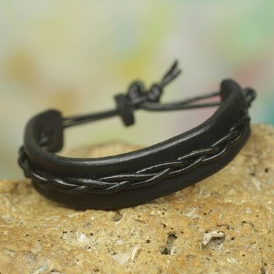 Alternate image for Mens Black Leather Bracelet with Braided Cord Accent Simple Twist in Black
