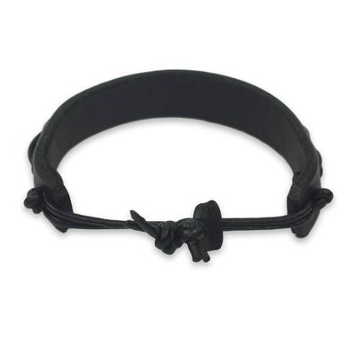 Alternate image for Mens Black Leather Bracelet with Braided Cord Accent Simple Twist in Black