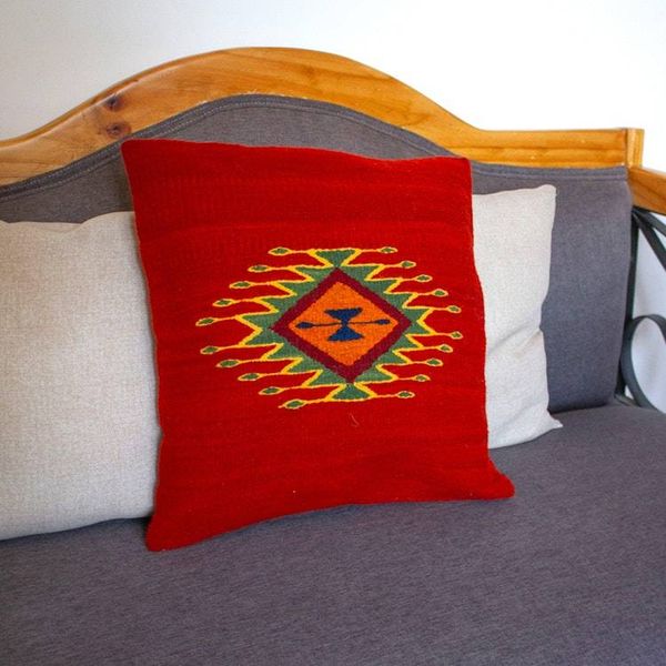 Alternate image for Zapotec Red Wool Cushion Cover Woven by Hand in Mexico Vibrant Eye of God