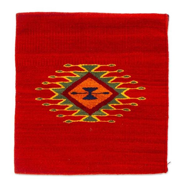 Alternate image for Zapotec Red Wool Cushion Cover Woven by Hand in Mexico Vibrant Eye of God