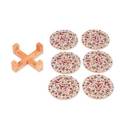 Alternate image for Decoupage Bird-Themed 7-Piece Pinewood Coaster and Stand Set Birdy Elixir