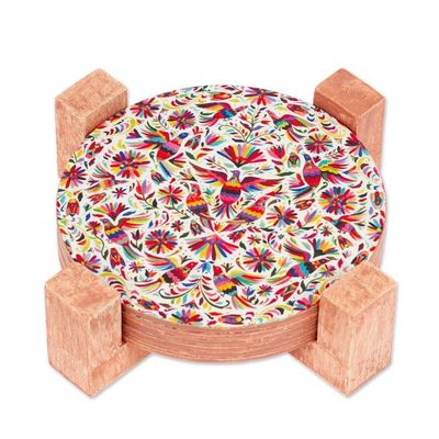 Alternate image for Decoupage Bird-Themed 7-Piece Pinewood Coaster and Stand Set Birdy Elixir