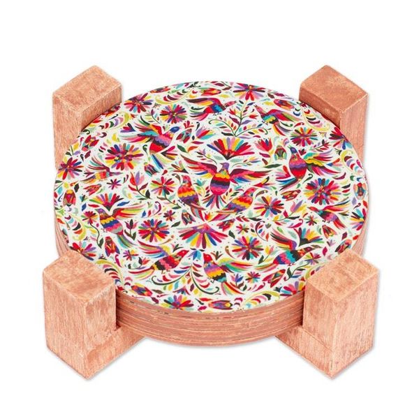 Alternate image for Decoupage Bird-Themed 7-Piece Pinewood Coaster and Stand Set Birdy Elixir
