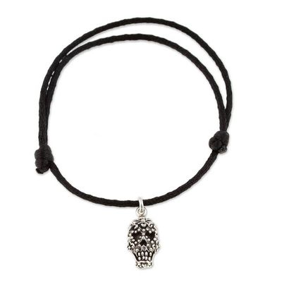 Alternate image for Adjustable Mens Cord Bracelet with Taxco Silver Skull Charm Hypnotic Skull