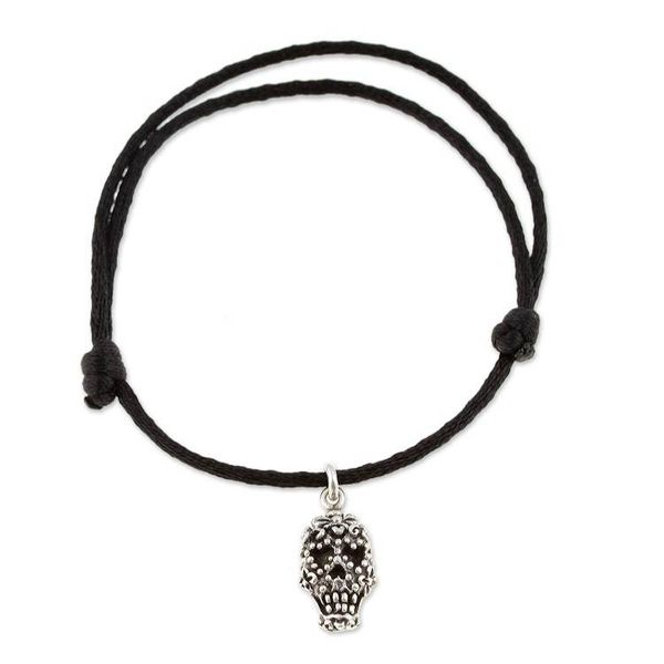 Alternate image for Adjustable Mens Cord Bracelet with Taxco Silver Skull Charm Hypnotic Skull