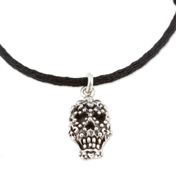 Alternate image for Adjustable Mens Cord Bracelet with Taxco Silver Skull Charm Hypnotic Skull