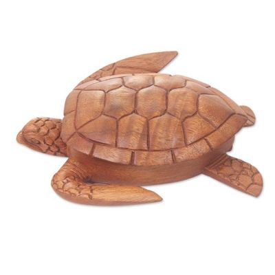 Alternate image for Hand Carved Wood Sculpture Decorative Box Sea Turtle Guardian